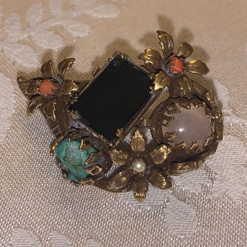 Vintage Pearl, Coral, Turquoise, Onyx & Rose Quartz Brooch— Gold Tone